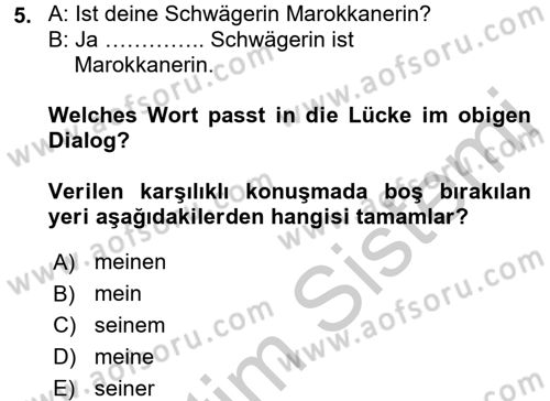 Almanca 1 Dersi 2016 - 2017 Yılı 3 Ders Sınav Soruları 5. Soru