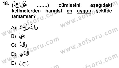 Arapça 1 Dersi Ara Sınavı Deneme Sınav Soruları 18. Soru