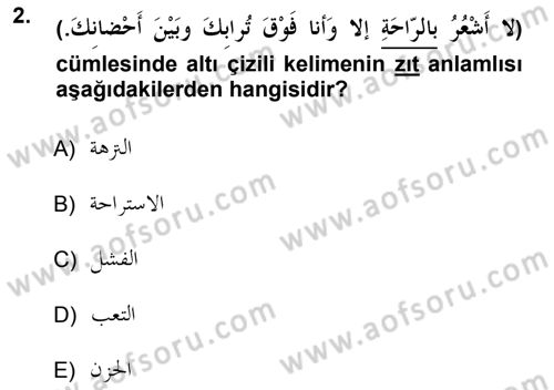 Arapça 1 Dersi Ara Sınavı Deneme Sınav Soruları 2. Soru