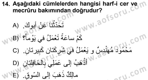 Arapça 1 Dersi 2012 - 2013 Yılı (Final) Dönem Sonu Sınav Soruları 14. Soru