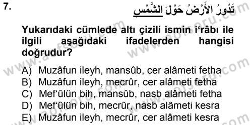 Arapça 1 Dersi 2012 - 2013 Yılı (Final) Dönem Sonu Sınav Soruları 7. Soru