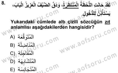 Arapça 1 Dersi 2012 - 2013 Yılı (Final) Dönem Sonu Sınav Soruları 8. Soru