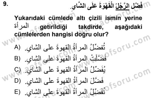 Arapça 1 Dersi 2012 - 2013 Yılı (Final) Dönem Sonu Sınav Soruları 9. Soru