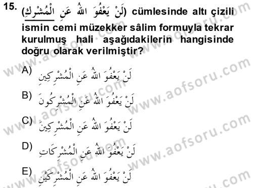 Arapça 1 Dersi Ara Sınavı Deneme Sınav Soruları 15. Soru