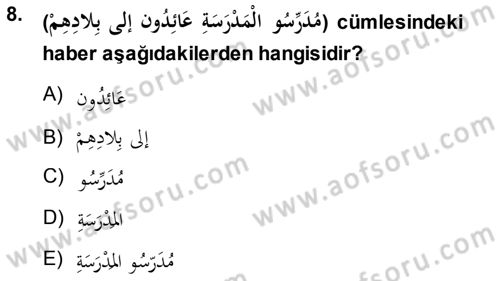 Arapça 1 Dersi 2013 - 2014 Yılı (Final) Dönem Sonu Sınav Soruları 8. Soru