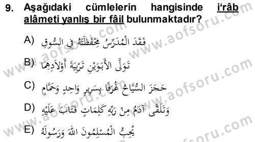 Arapça 1 Dersi 2013 - 2014 Yılı (Final) Dönem Sonu Sınav Soruları 9. Soru