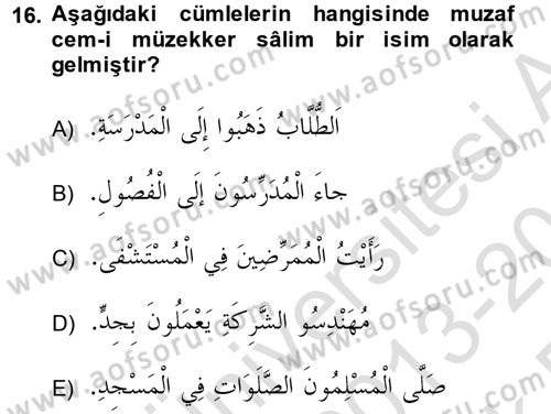 Arapça 1 Dersi 2013 - 2014 Yılı Tek Ders Sınav Soruları 16. Soru
