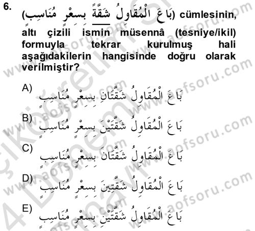 Arapça 1 Dersi 2013 - 2014 Yılı Tek Ders Sınav Soruları 6. Soru