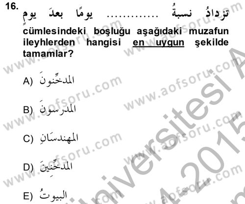 Arapça 1 Dersi 2014 - 2015 Yılı (Final) Dönem Sonu Sınavı 16. Soru