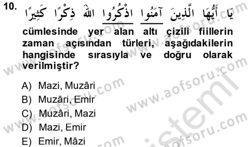 Arapça 1 Dersi 2014 - 2015 Yılı Tek Ders Sınav Soruları 10. Soru