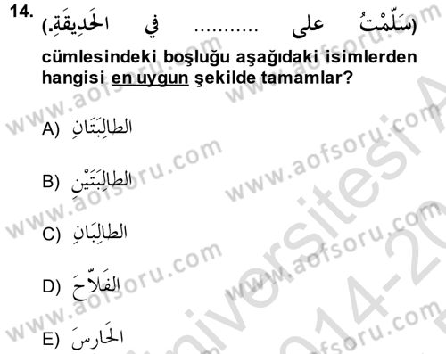 Arapça 1 Dersi 2014 - 2015 Yılı Tek Ders Sınavı 14. Soru