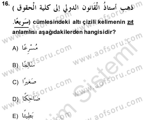 Arapça 1 Dersi 2014 - 2015 Yılı Tek Ders Sınav Soruları 16. Soru
