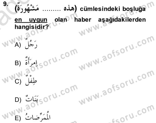 Arapça 1 Dersi 2014 - 2015 Yılı Tek Ders Sınav Soruları 9. Soru