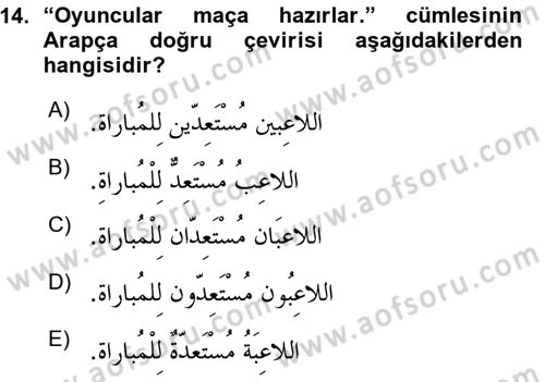 Arapça 1 Dersi 2015 - 2016 Yılı (Vize) Ara Sınavı 14. Soru