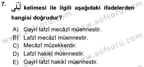 Arapça 1 Dersi Ara Sınavı Deneme Sınav Soruları 7. Soru