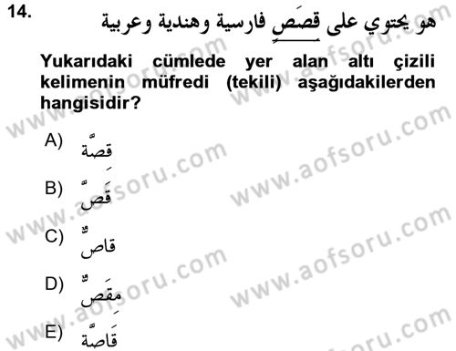 Arapça 1 Dersi 2015 - 2016 Yılı (Final) Dönem Sonu Sınav Soruları 14. Soru