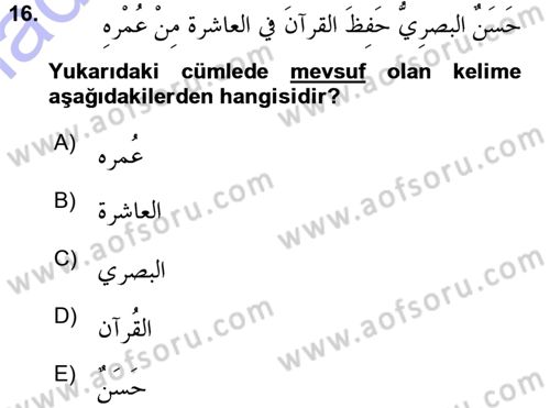 Arapça 1 Dersi 2015 - 2016 Yılı (Final) Dönem Sonu Sınav Soruları 16. Soru