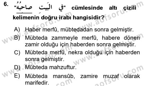 Arapça 1 Dersi 2015 - 2016 Yılı (Final) Dönem Sonu Sınav Soruları 6. Soru