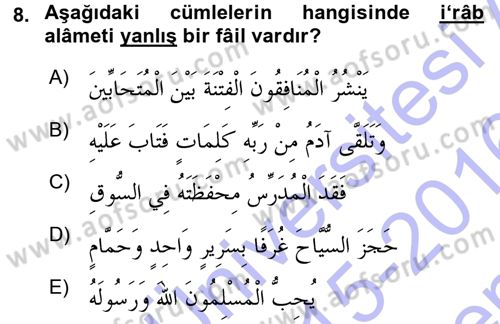 Arapça 1 Dersi 2015 - 2016 Yılı (Final) Dönem Sonu Sınav Soruları 8. Soru