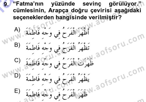 Arapça 1 Dersi 2015 - 2016 Yılı (Final) Dönem Sonu Sınav Soruları 9. Soru