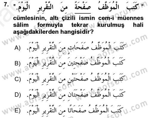 Arapça 1 Dersi 2015 - 2016 Yılı Tek Ders Sınav Soruları 7. Soru