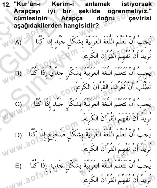 Arapça 1 Dersi 2016 - 2017 Yılı (Vize) Ara Sınav Soruları 12. Soru