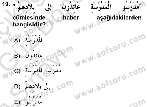 Arapça 1 Dersi Ara Sınavı Deneme Sınav Soruları 19. Soru