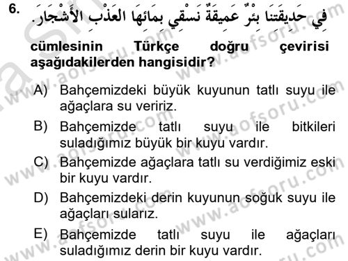 Arapça 1 Dersi Ara Sınavı Deneme Sınav Soruları 6. Soru