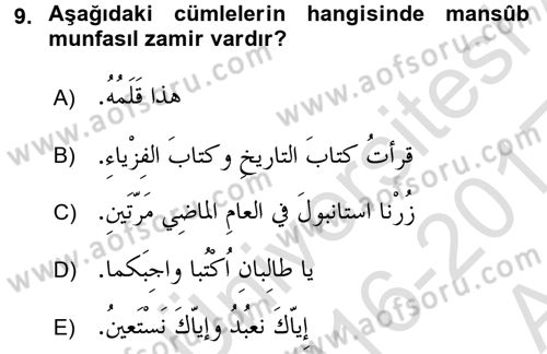 Arapça 1 Dersi Ara Sınavı Deneme Sınav Soruları 9. Soru
