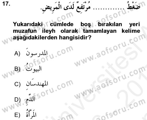 Arapça 1 Dersi 2016 - 2017 Yılı (Final) Dönem Sonu Sınav Soruları 17. Soru