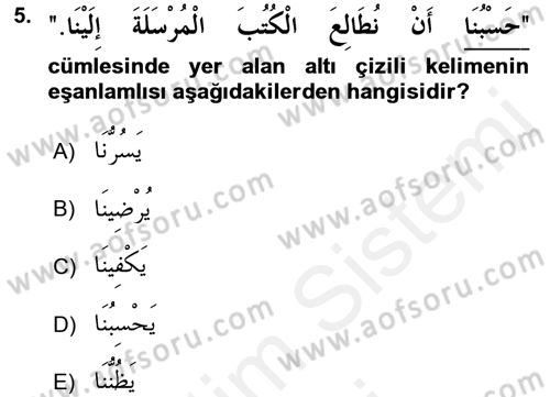 Arapça 1 Dersi 2016 - 2017 Yılı (Final) Dönem Sonu Sınav Soruları 5. Soru