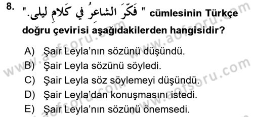 Arapça 1 Dersi 2016 - 2017 Yılı (Final) Dönem Sonu Sınav Soruları 8. Soru