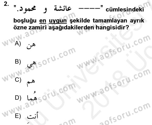 Arapça 1 Dersi 2017 - 2018 Yılı 3 Ders Sınav Soruları 2. Soru