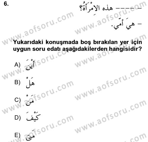 Arapça 1 Dersi 2017 - 2018 Yılı 3 Ders Sınav Soruları 6. Soru