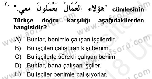 Arapça 1 Dersi 2017 - 2018 Yılı 3 Ders Sınav Soruları 7. Soru