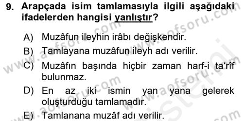 Arapça 1 Dersi 2017 - 2018 Yılı 3 Ders Sınav Soruları 9. Soru