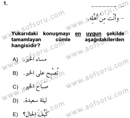 Arapça 1 Dersi 2017 - 2018 Yılı (Vize) Ara Sınav Soruları 1. Soru