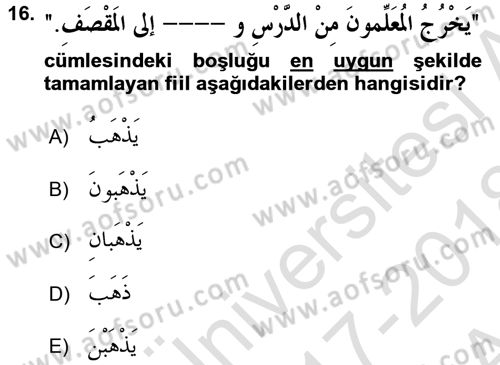 Arapça 1 Dersi 2017 - 2018 Yılı (Vize) Ara Sınav Soruları 16. Soru