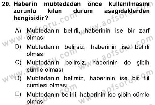 Arapça 1 Dersi 2017 - 2018 Yılı (Vize) Ara Sınav Soruları 20. Soru