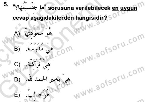 Arapça 1 Dersi Ara Sınavı Deneme Sınav Soruları 5. Soru