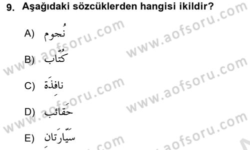 Arapça 1 Dersi 2017 - 2018 Yılı (Vize) Ara Sınav Soruları 9. Soru