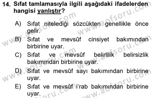 Arapça 1 Dersi 2017 - 2018 Yılı (Final) Dönem Sonu Sınav Soruları 14. Soru