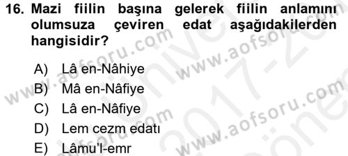 Arapça 1 Dersi 2017 - 2018 Yılı (Final) Dönem Sonu Sınav Soruları 16. Soru