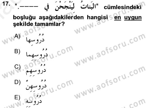 Arapça 1 Dersi 2017 - 2018 Yılı (Final) Dönem Sonu Sınav Soruları 17. Soru