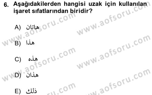 Arapça 1 Dersi 2017 - 2018 Yılı (Final) Dönem Sonu Sınav Soruları 6. Soru
