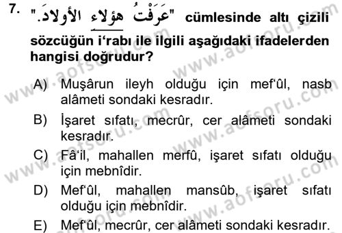 Arapça 1 Dersi 2017 - 2018 Yılı (Final) Dönem Sonu Sınav Soruları 7. Soru
