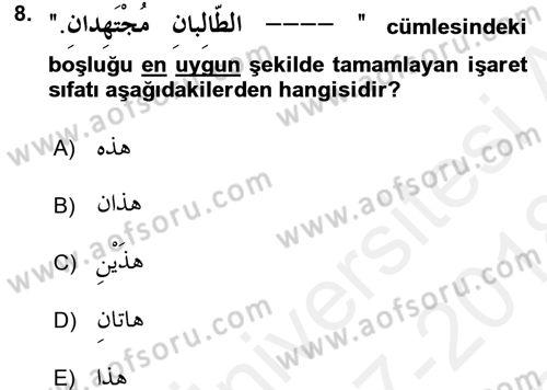 Arapça 1 Dersi 2017 - 2018 Yılı (Final) Dönem Sonu Sınav Soruları 8. Soru