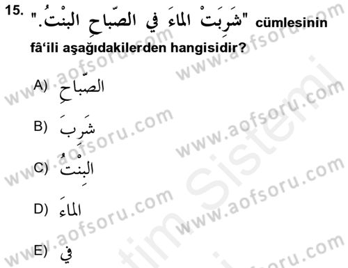 Arapça 1 Dersi 2018 - 2019 Yılı (Vize) Ara Sınav Soruları 15. Soru
