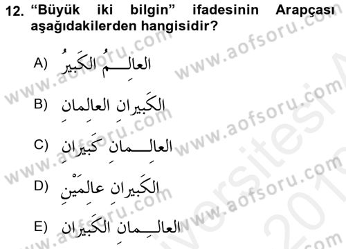 Arapça 1 Dersi 2018 - 2019 Yılı (Final) Dönem Sonu Sınav Soruları 12. Soru