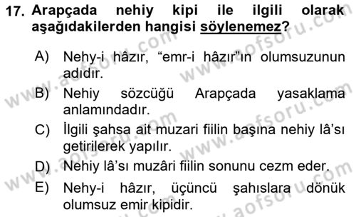 Arapça 1 Dersi 2018 - 2019 Yılı (Final) Dönem Sonu Sınav Soruları 17. Soru